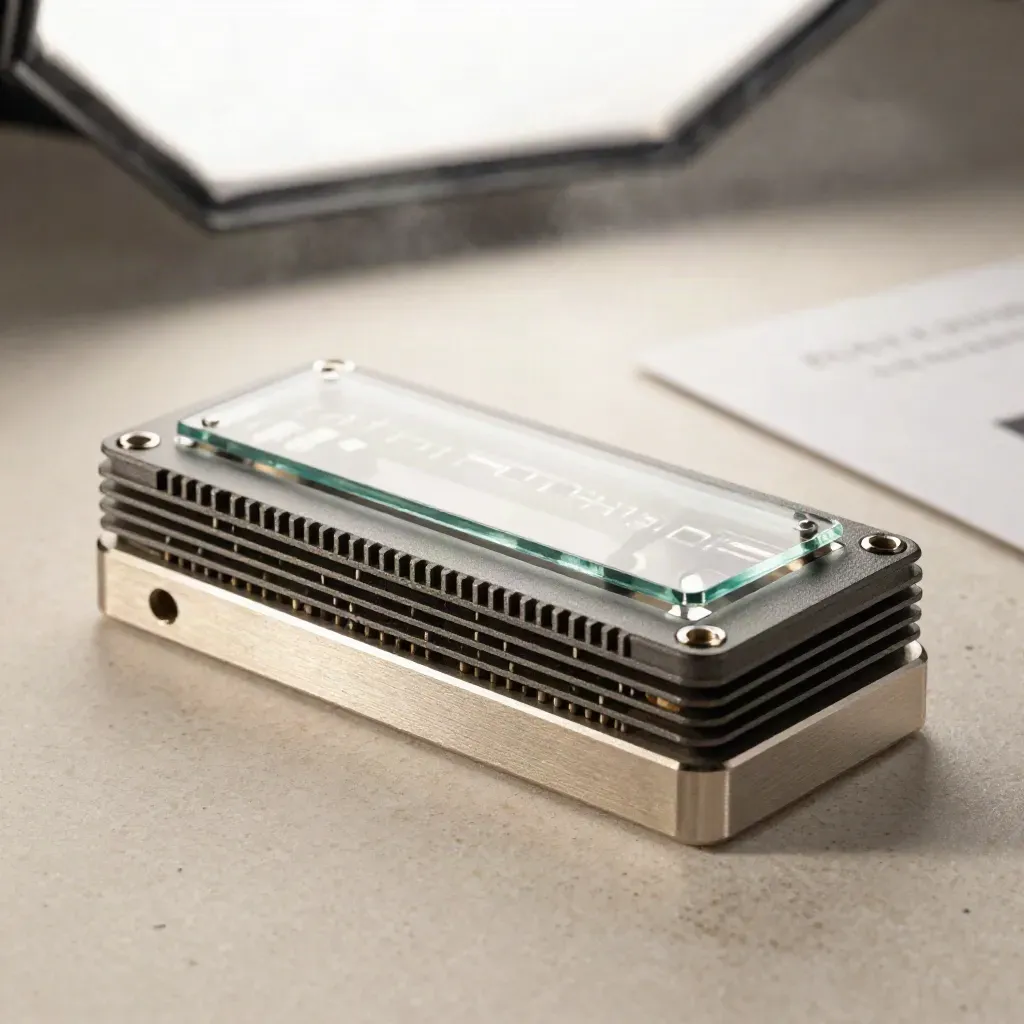 Macro of a graphite ops alert module with glass cover and glowing fins on pale stone.
