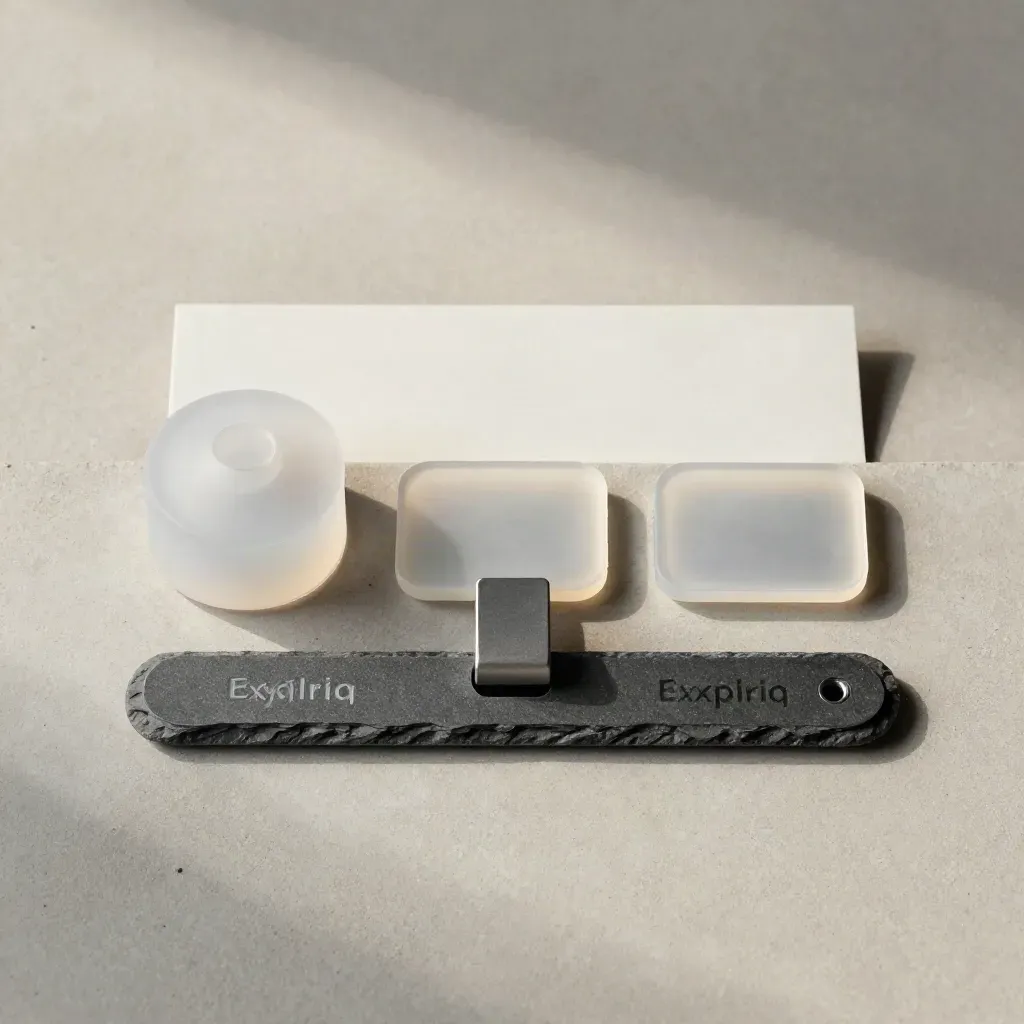 Frosted AI search puck with two chips and connector bar on pale concrete, overhead.