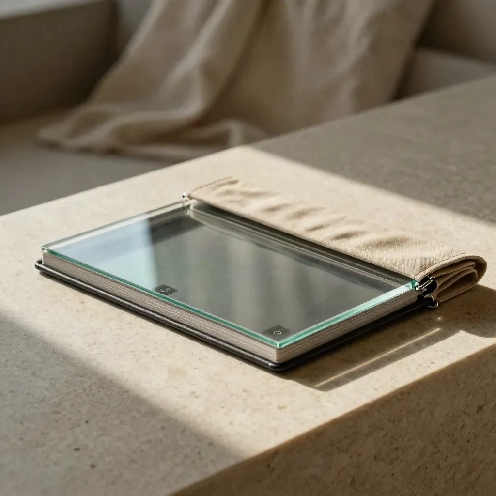 Mid-open trend report folio with glass panel and sleeve on travertine, softly lit with cyan reflection