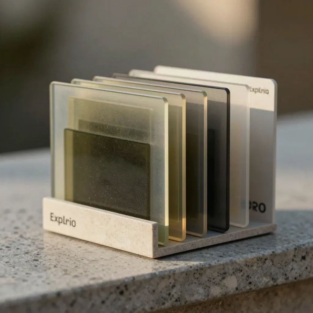 Translucent filter deck slides into a staggered stack on a cool travertine shelf.