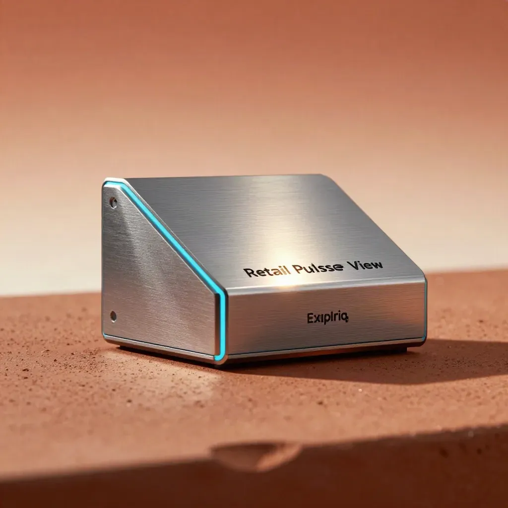 Brushed-metal retail analytics module with cyan pulse bands on terracotta clay