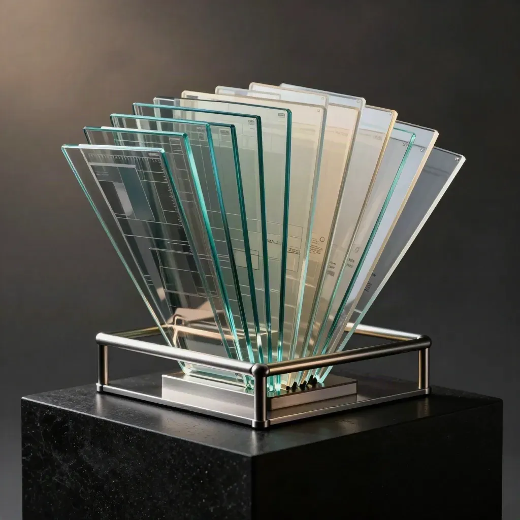 Cyan-lit glass analytics slabs burst from a matte-black pedestal in a dramatic studio.