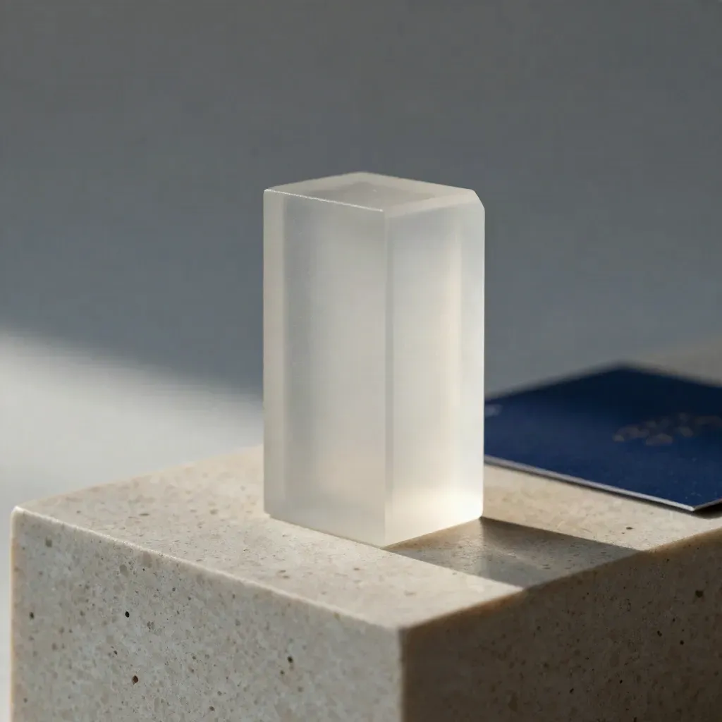Translucent starter token on pale stone pedestal with a midnight blue accent card