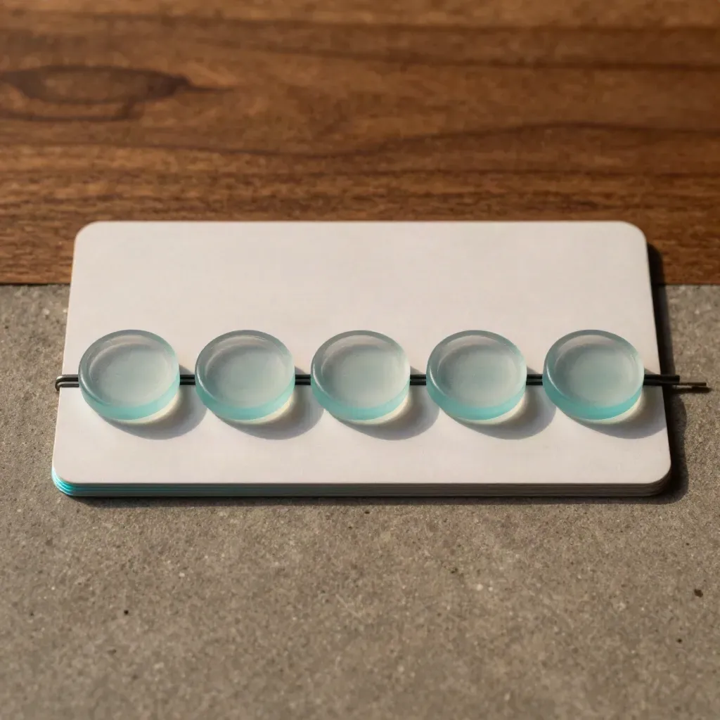 Five translucent tokens aligned on pale concrete with a subtle cyan accent.
