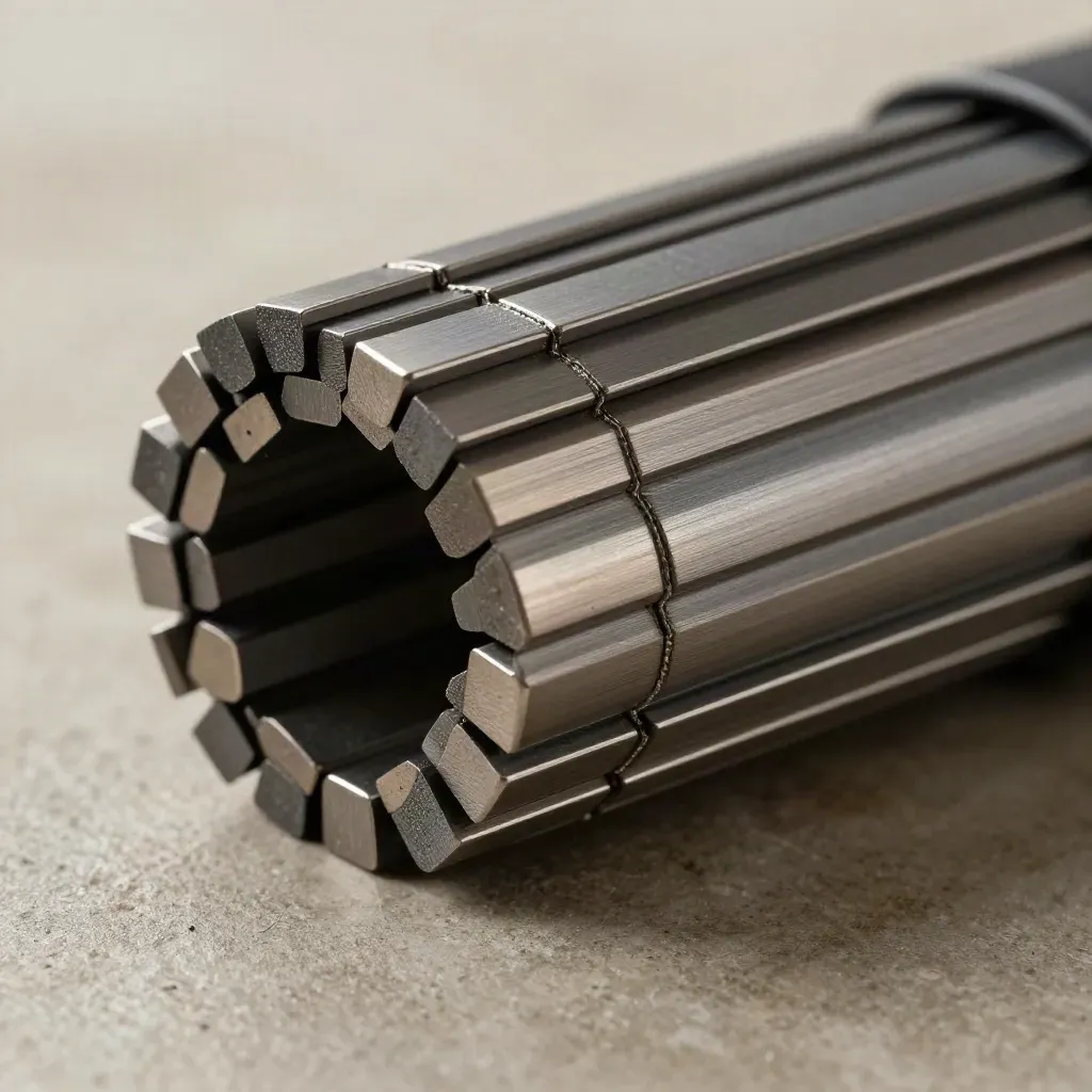 Macro of a graphite bundle with layered metal tabs and a glass edge on cool concrete.