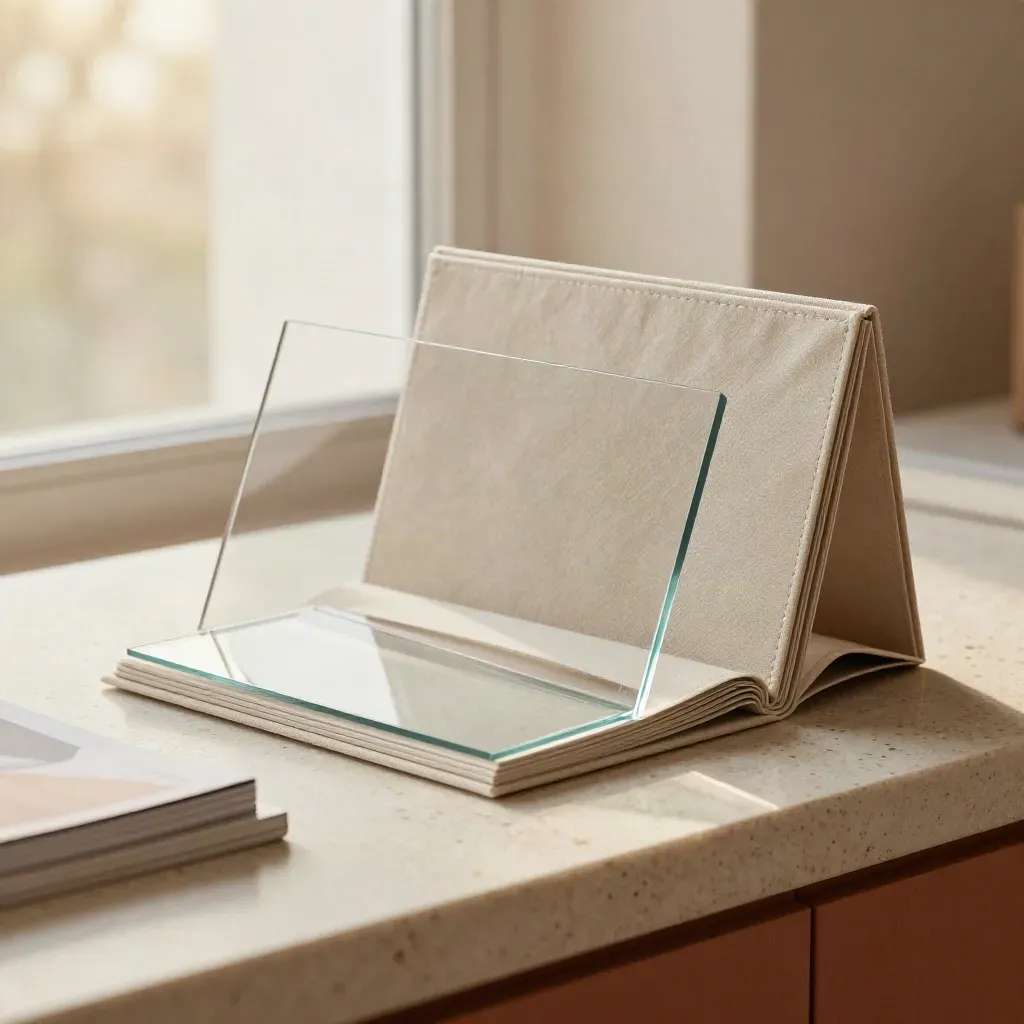 Open marketing trend kit with glass panels and fabric sleeve on a sunlit stone ledge.