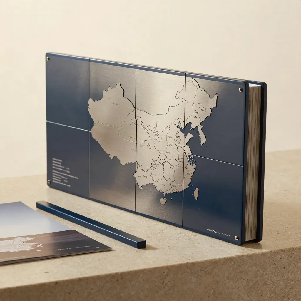 Brushed-metal modular regional sales panels on limestone with soft blur and haze
