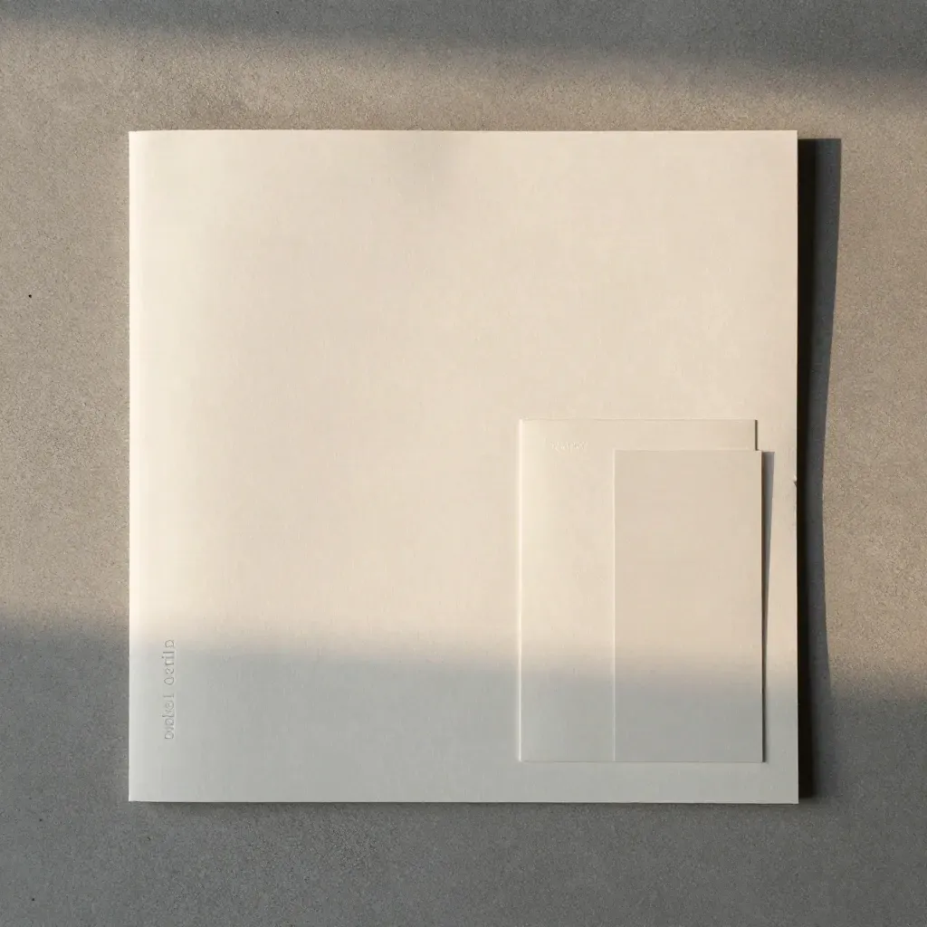 Top-down premium report folio in a pale sleeve with a small insert on concrete.