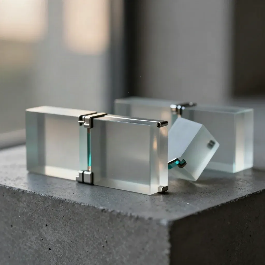 Translucent metric blocks and metal spacers locking together on a graphite plinth.
