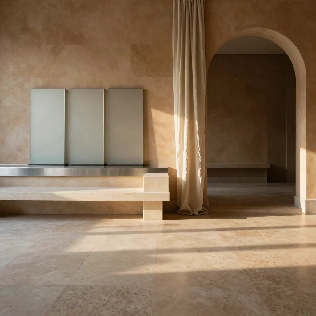Sunlit travertine gallery with arch, pale bench, linen curtain and calm copy space.