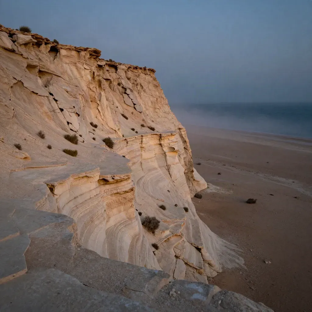 Desert cliff overlook above a misty sea horizon, calm open space below for copy.