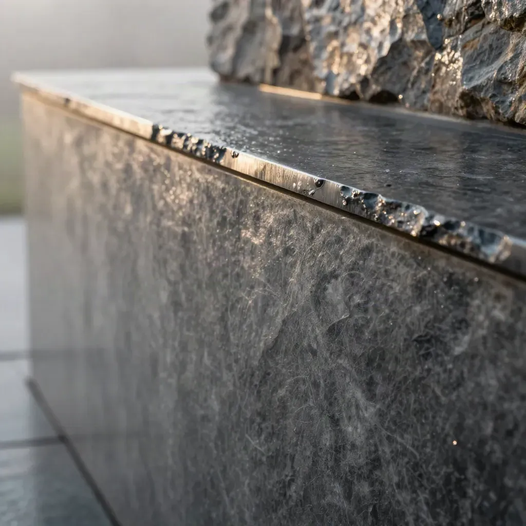 Rain-wet slate ledge with misty architectural edge and metallic accent, calm copy space below
