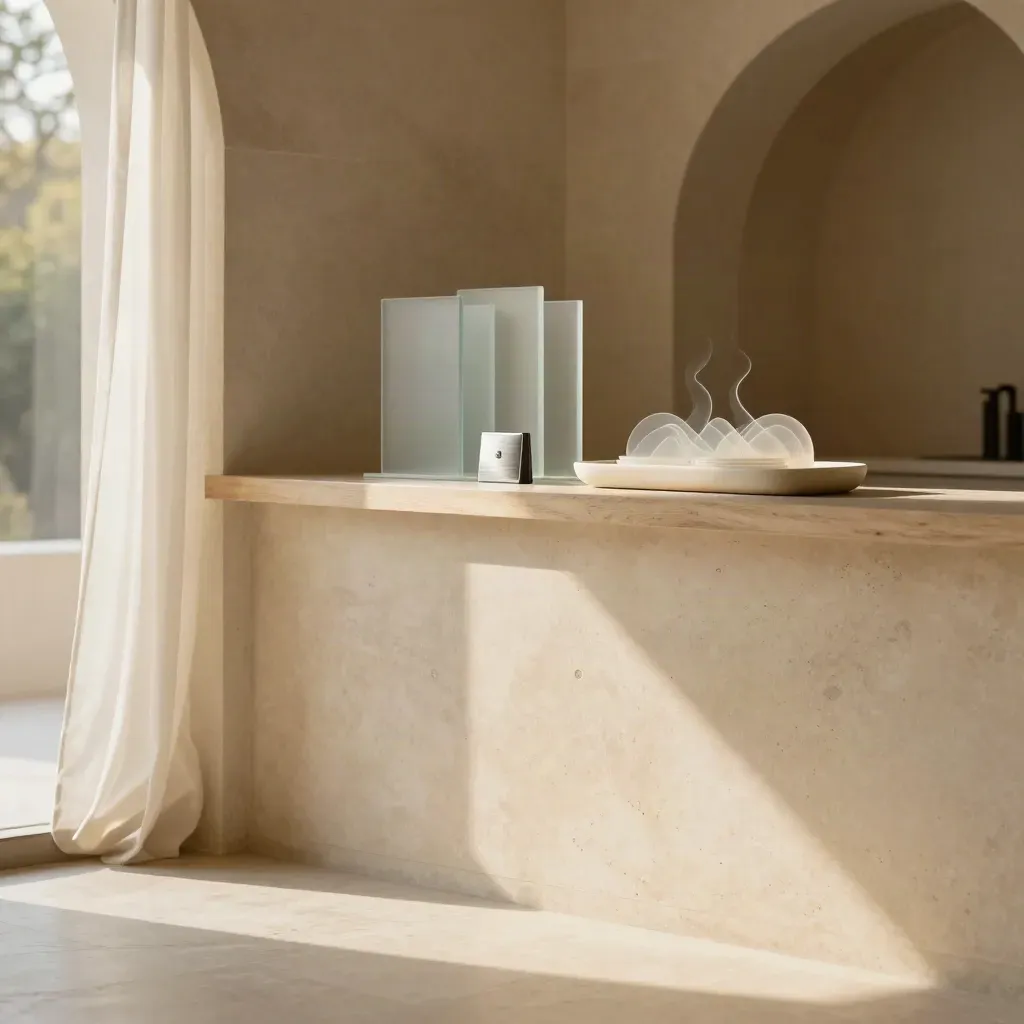 Warm limestone interior with frosted analytics panels, curtain, and open archway