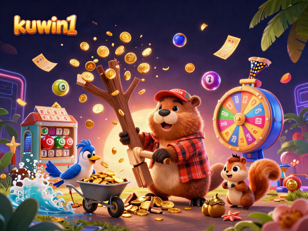 Kuwin1 showcases a vibrant 3D illustration of a beaver collecting golden coins in a casino-themed setting.