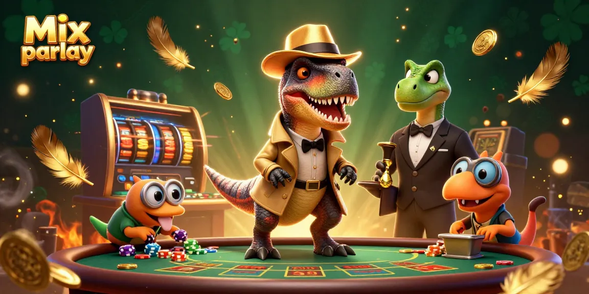 Engage in the Mix parlay with a velociraptor card counter, slot reels, and vibrant casino elements.