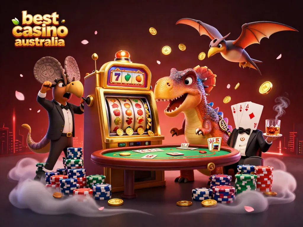 Exciting scene of best casino Australia featuring a pachycephalosaurus interacting with a golden slot machine.