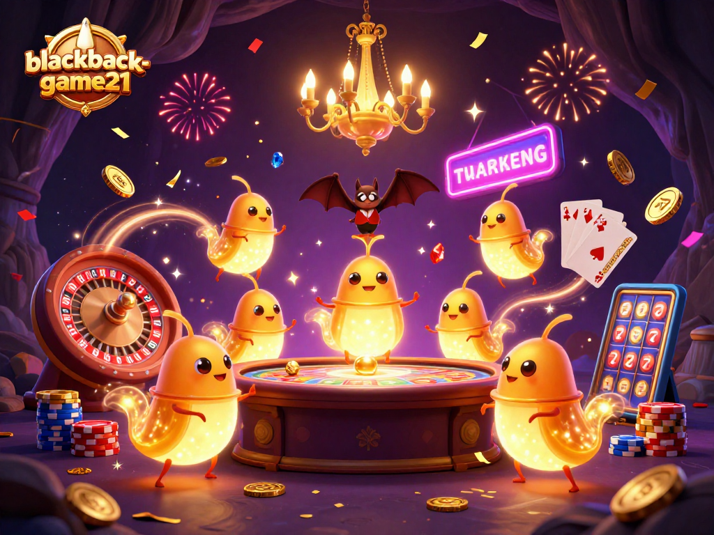 Join the excitement at blackjack-game21 with vibrant glowworms illuminating a lively casino scene.
