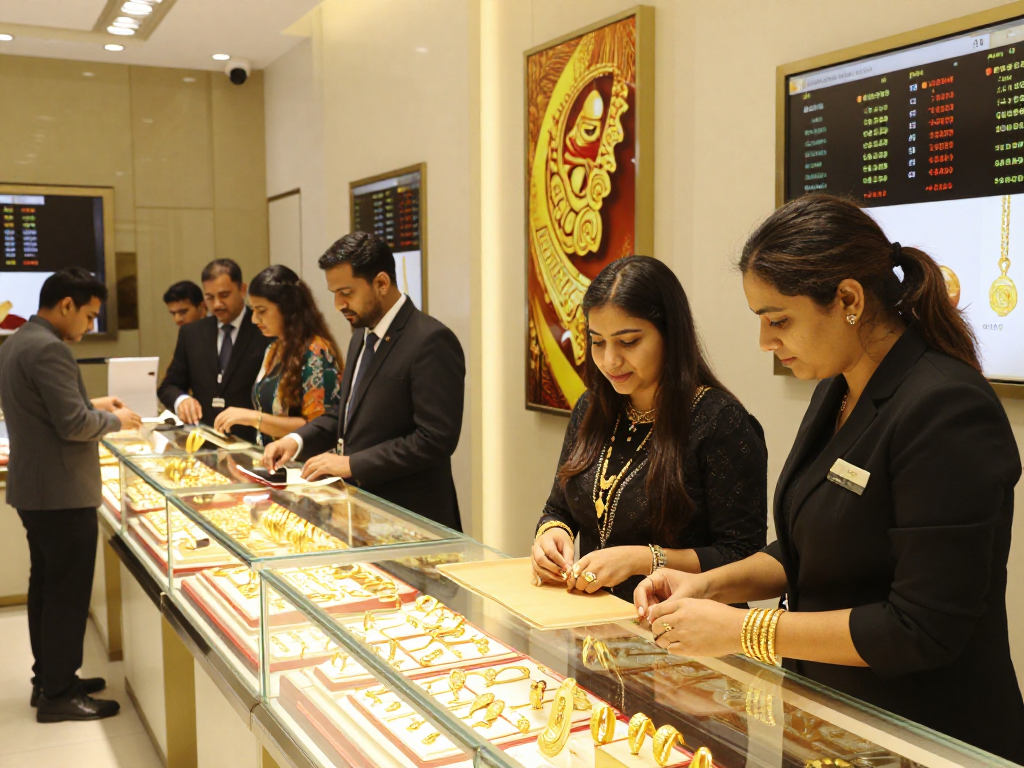 Explore mantra88's gold jewelry collection in a modern jewelry store highlighting 24K pieces.