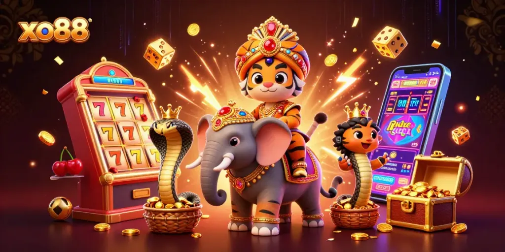 Experience excitement at xo88 with this vibrant illustration showcasing a jackpot burst and a royal gaming scene.