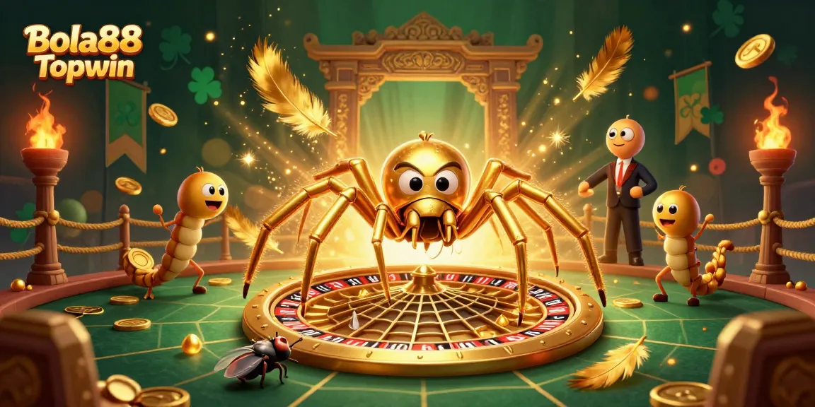 Bola88 Topwin enchants players with golden spiders and roulette wheels amidst vibrant casino elements.
