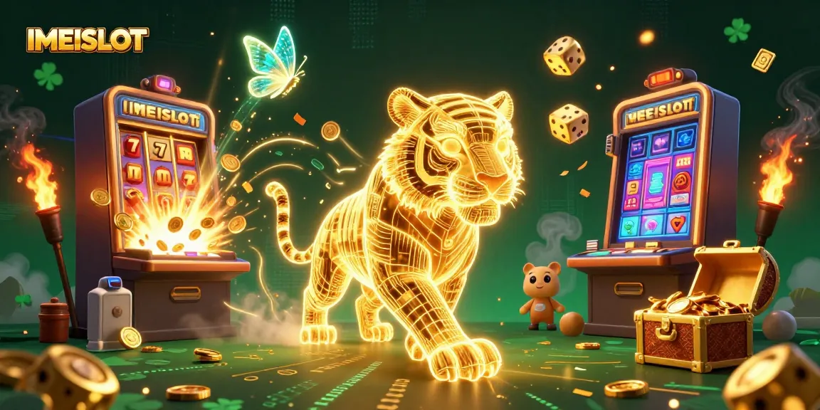 Experience the excitement of IMEISLOT with a dynamic casino scene featuring a golden tiger and jackpot elements.