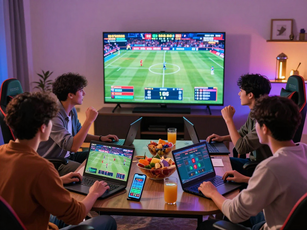 Bola88 friends enjoying a thrilling live sports betting experience in a cozy living room.
