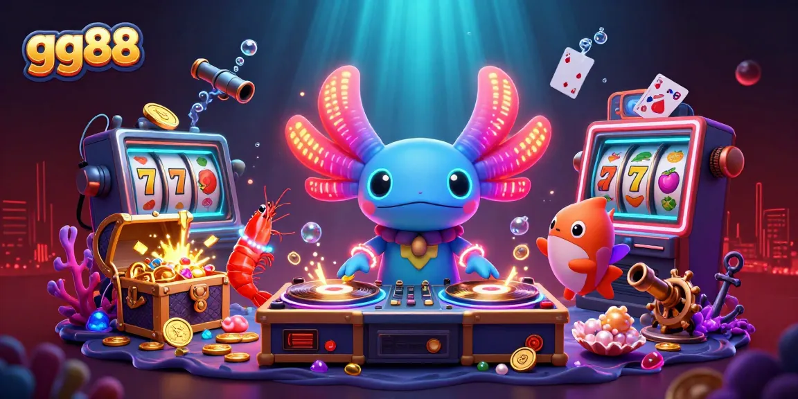 gg88 unleashes thrilling underwater casino gameplay featuring a neon axolotl DJ and colorful slot elements.