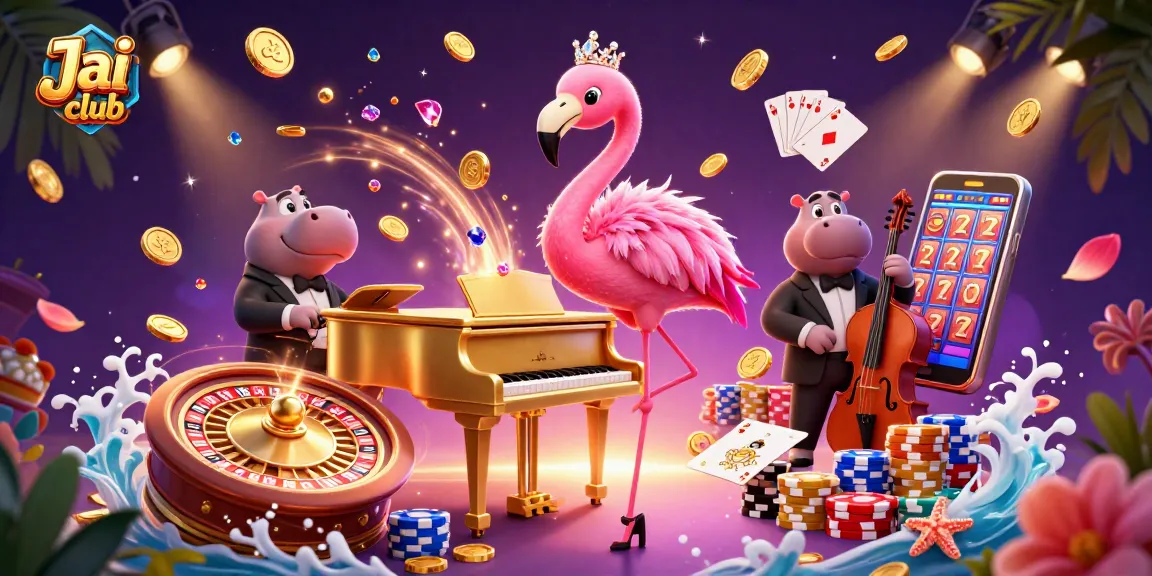 Experience the excitement of Jai club with vibrant casino games and animated characters in a colorful scene.