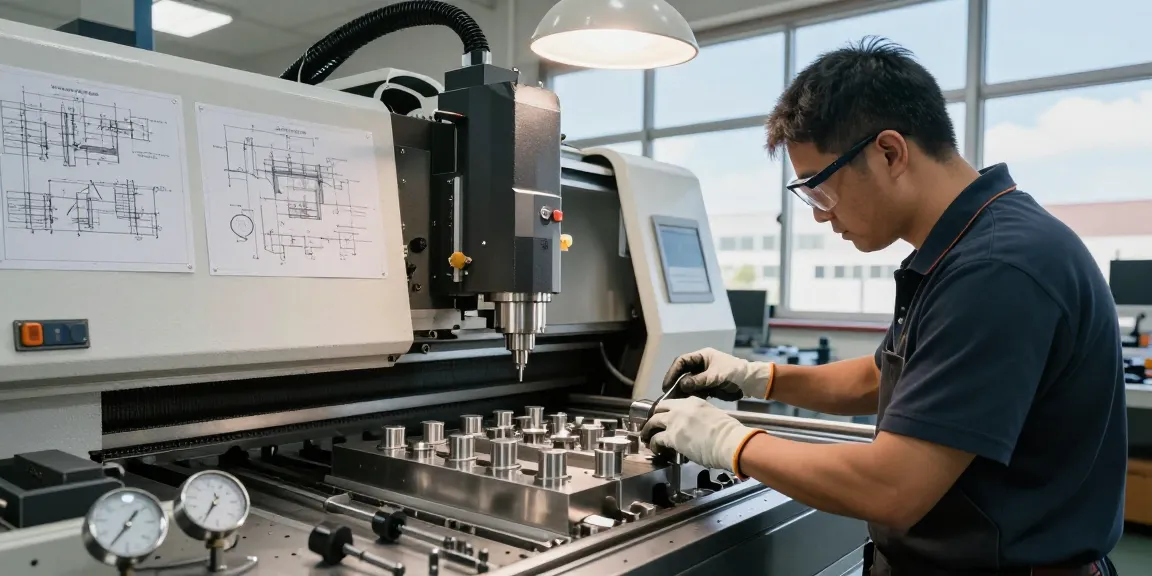 CNC machined stainless steel parts being crafted in a precision engineering workshop by an expert machinist.