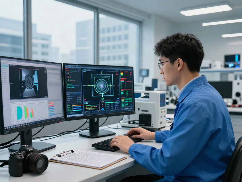 AI-Generated Image Detection technology being analyzed in a modern lab environment.