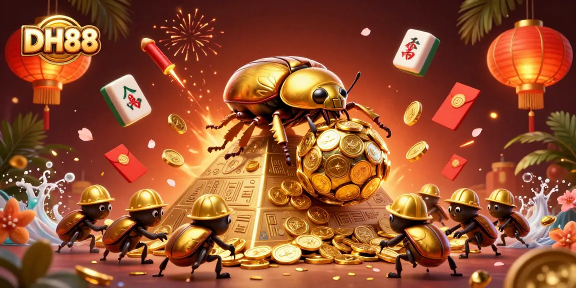 Engage with the exciting DH88 experience as golden beetles roll coins up the pyramid in a vibrant casino scene.