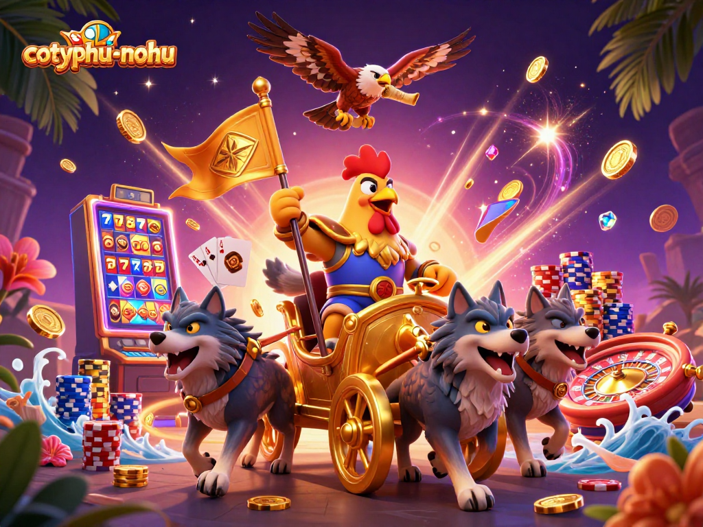Cascading coins and a golden war chariot with the rooster warlord showcase cotyphu-nohu gaming action.