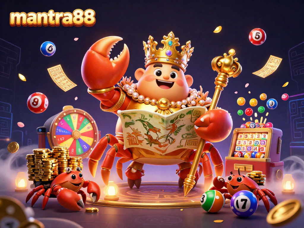 Enjoy thrilling moments at mantra88 with a lively illustration of a golden crab emperor surrounded by vibrant casino elements.