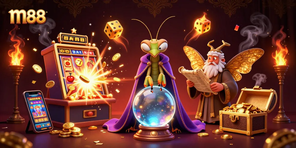 M88 captivates players with a vibrant 3D illustration featuring a fortune teller, librarian, and dynamic casino elements.
