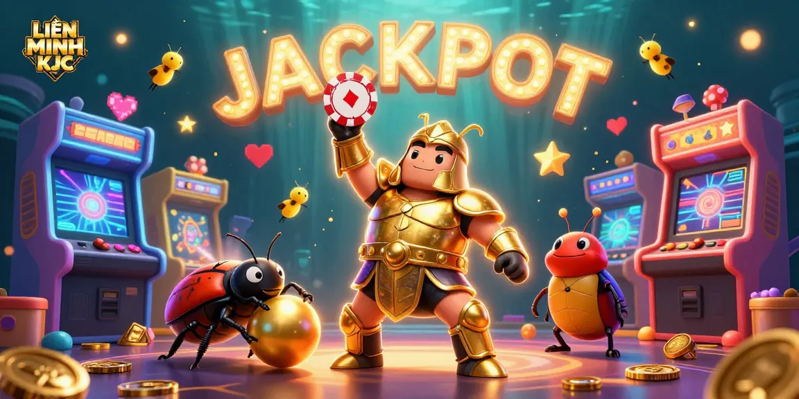 Experience the thrill of gambling with LIÊN MINH KJC heralded by victorious characters in a vibrant casino scene.