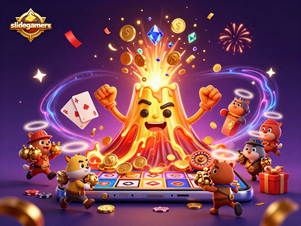 Join the thrill of slidegamers with a 3D illustration of treasure and excitement in a vibrant gambling scene.