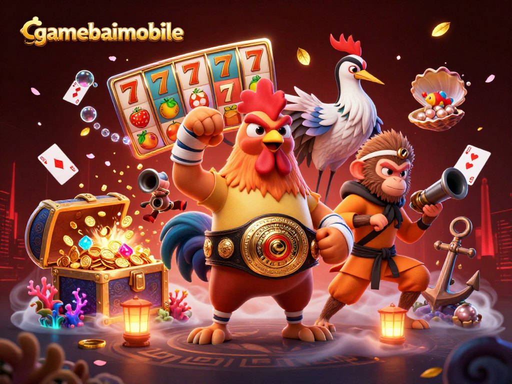 Experience the excitement of gamebaimobile with animated casino characters amidst vibrant gaming elements.