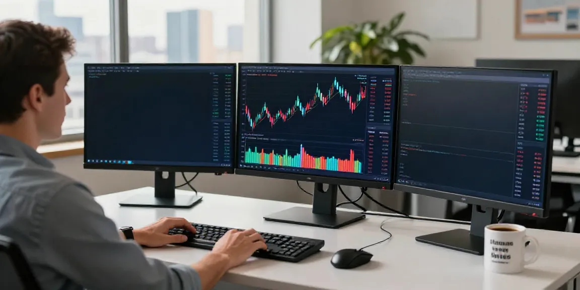 Engaged trader using TradingView software on multiple screens in a modern workspace.