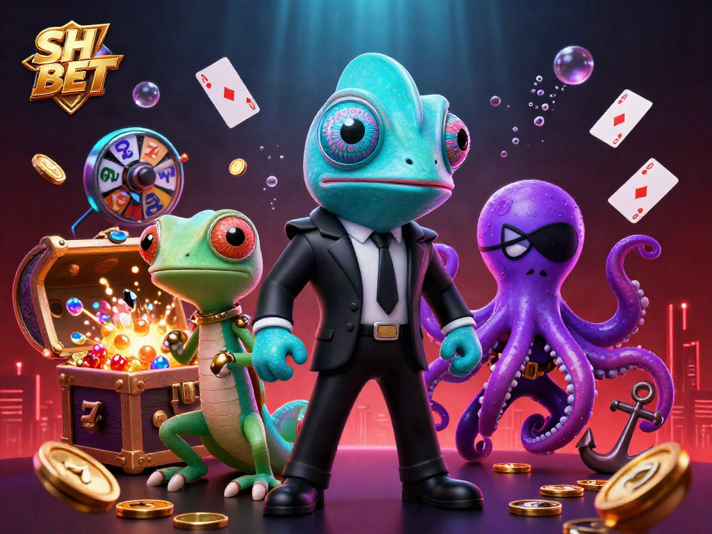 Spin and win with SH BET featuring a vibrant 3D casino scene with exciting characters and dynamic game elements.