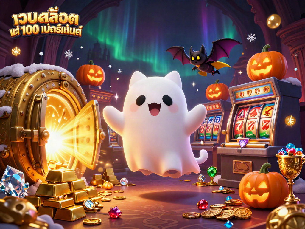 Engage with เว็บสล็อต แท้ 100 เปอร์เซ็นต์ in a haunted casino scene featuring a ghost cat, vampire bat, and golden treasures.