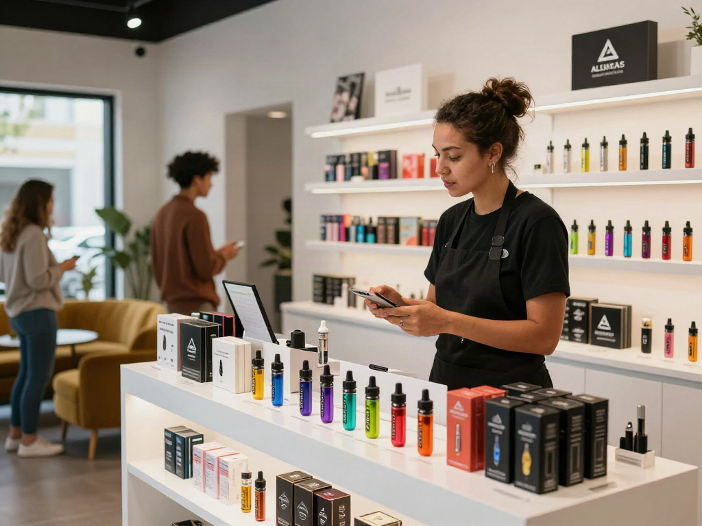 Alien Labs Live Resin products showcased in a modern cannabis retail space, highlighting vapes and customer interaction.