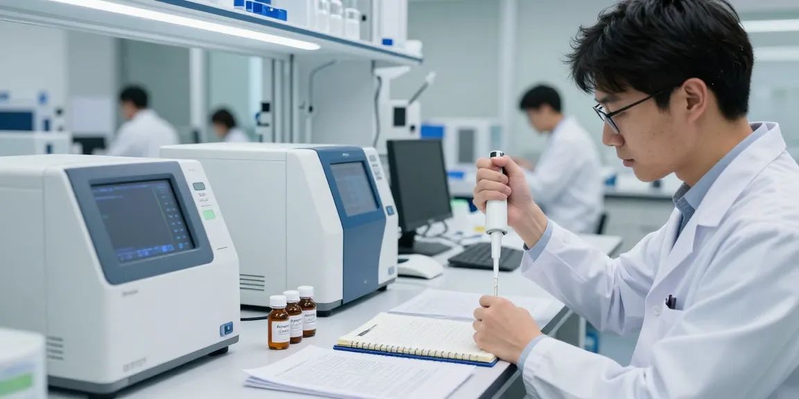 Scientist testing research-grade peptide stack in a modern lab environment with advanced equipment.