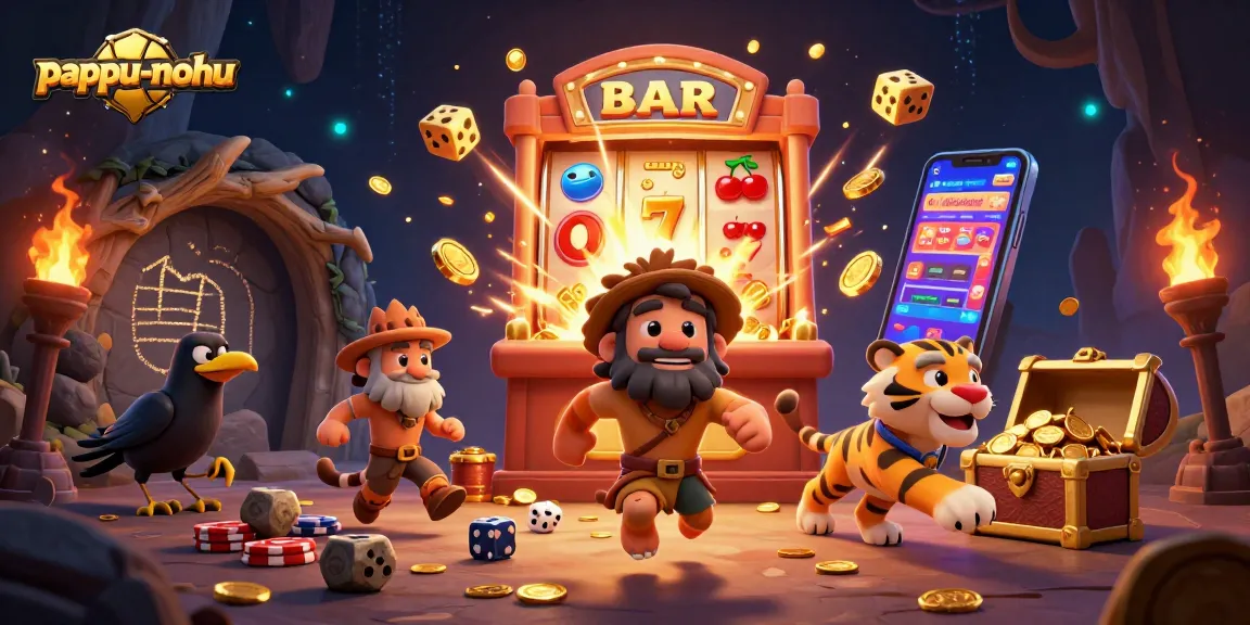 Pappu-nohu features a dynamic scene with a caveman and sabertooth tiger running a vibrant prehistoric casino.