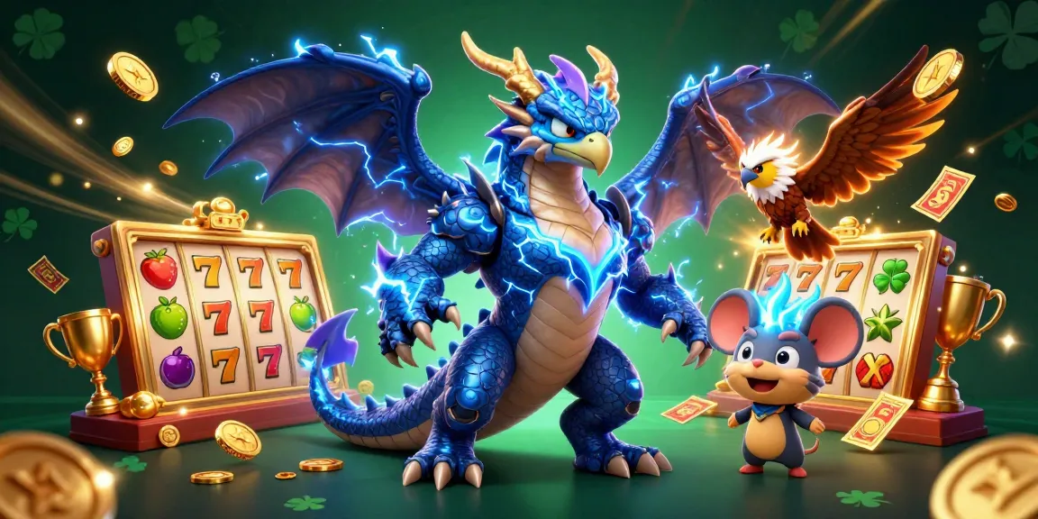 Slot gacor dengan karakter naga dan burung, simbol buah, dan jackpot emas yang menari di udara.