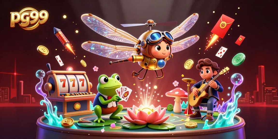 Experience thrilling gameplay at pg99 with a lively 3D illustration showcasing slots, cards, and casino elements.
