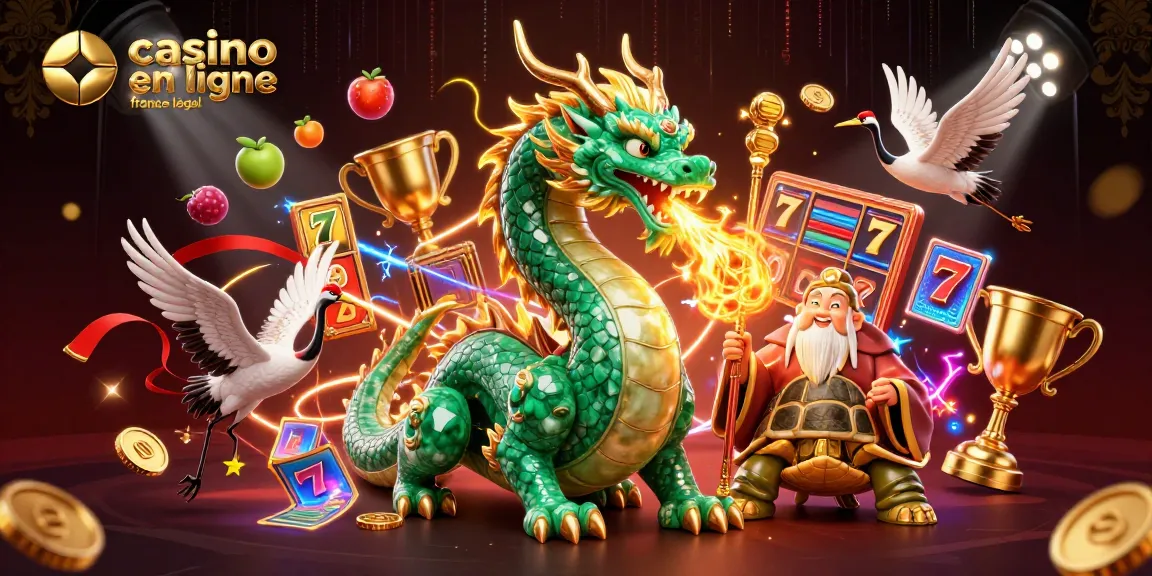 Jouez dans un casino en ligne légal en France avec une illustration captivante de dragons et de jeux.