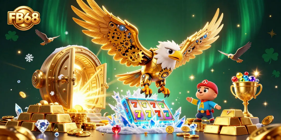 Engage with FB68's thrilling slots as a cybernetic eagle soars through dazzling treasures.