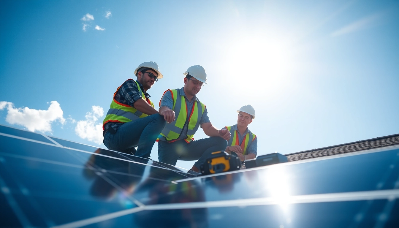 Engaged solar repair company near me technicians repairing residential solar panels.