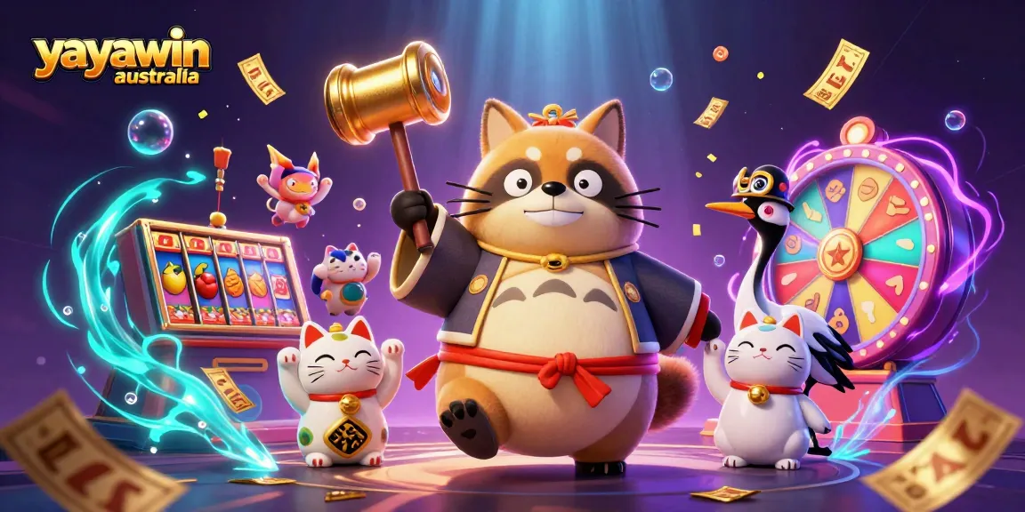 Experience the excitement of yayawin australia with vibrant slots and a joyful tanuki in a magical scene.