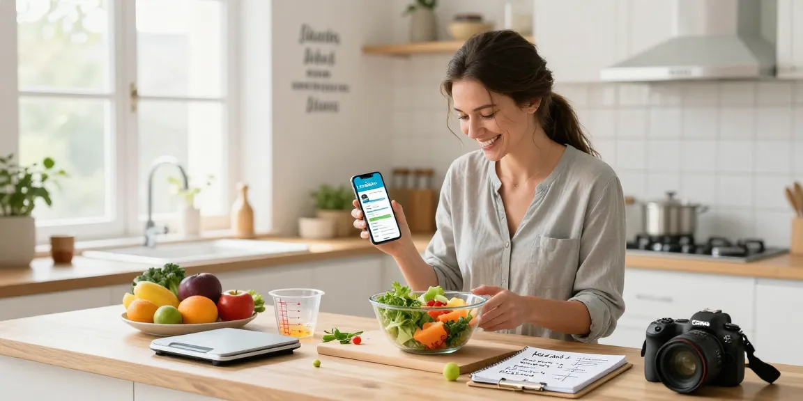 A nutritionist tracking macros using the best macro tracking app in a bright kitchen, surrounded by fresh ingredients.